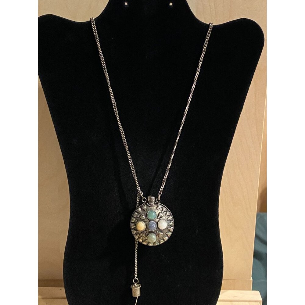 Vintage Gypsy Boho Chic Necklace With Colorful Gemstones & Silver Chain - Picture 2 of 2